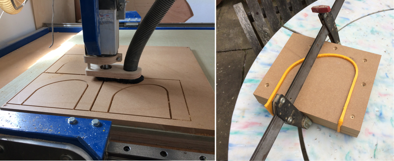 Photo of CNC machine cutting a guide shape, and plastic being bent into it