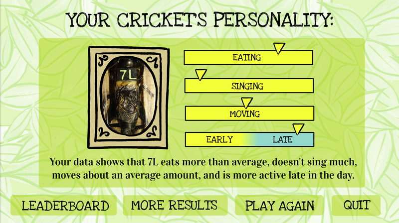 Screenshot of your cricket's personality, showing that the cricket eats more than average, doesn't sing much, moves about an average amount, and is more active late in the day