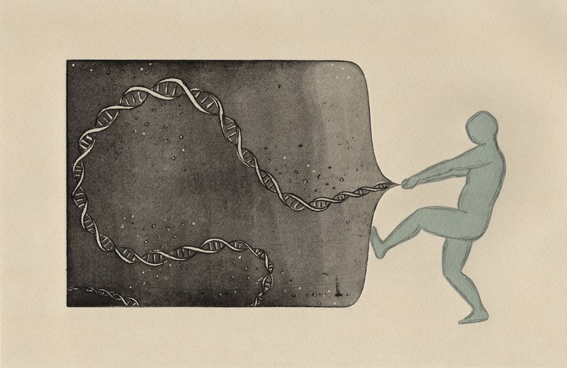 etching of a person pulling dna out of the etching plate