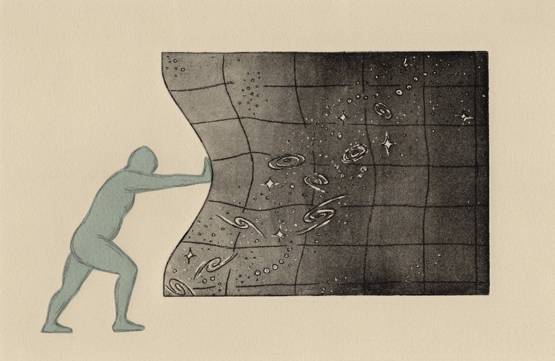 etching of a person pushing into space time