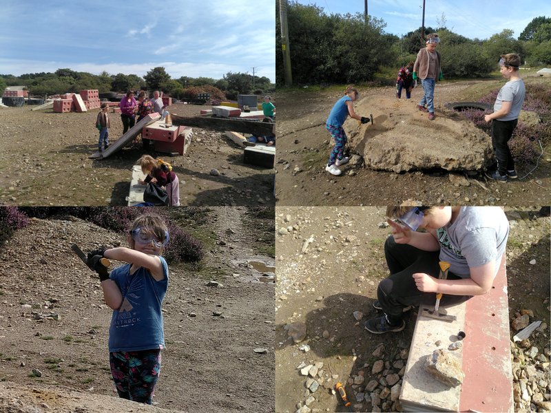 Four images of people exploring Ale & Cakes mine, hammering rocks and sitting on concrete structures use for bike stunts.