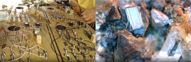 Two images, on the left four cardboard boxes with springs, wires and components along with chunks of minerals wrapped in tinfoil. On the right a microscope closeup of dark striated crystals.