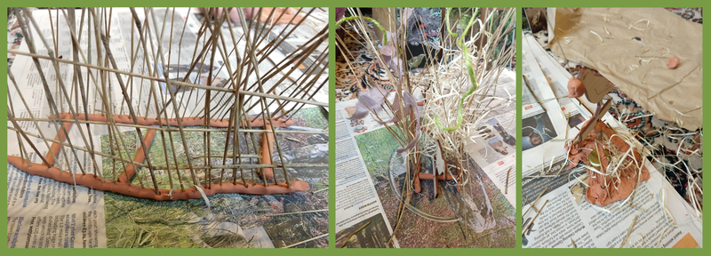 Three photos - first one is a ladder shaped bit of plasticine flat on a table, with thin twigs poking upwards on each side, the second photo shows the same structure from a different angle, filled with hay, the final photo is a child's effort with a tripod of twigs stuck in plasticine, and a wood bird stuck on top