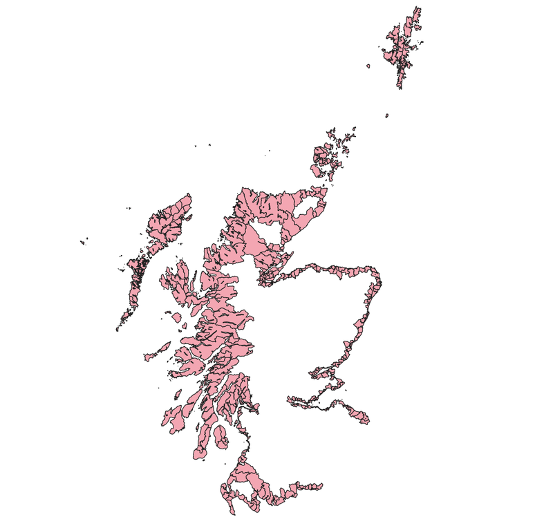 map of scotland showing data zones that are coastal - non coastal zones aren't shown at all