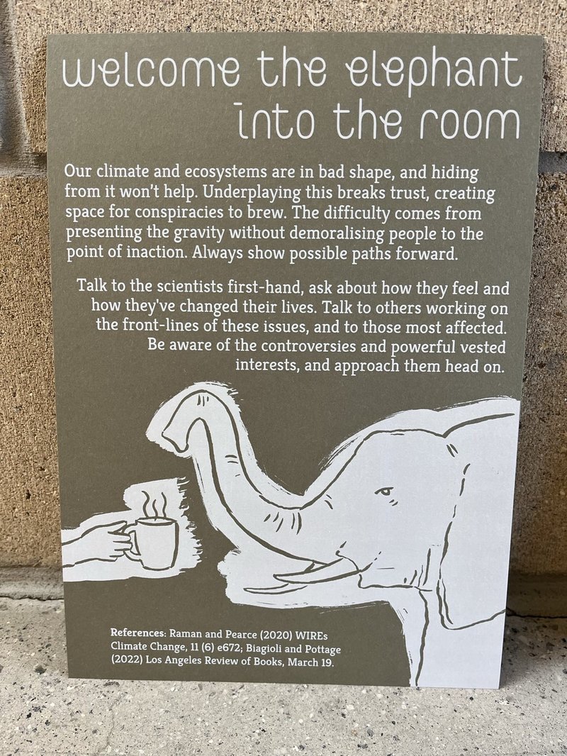 print with illustration of elephant being handed a but of tea