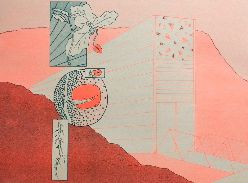 Riso print of the svalbard seedbank with a deconstructed oak seedling