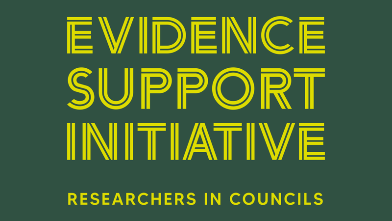 Dark green background with lime green font reading 'evidence support initiative - researchers in councils'